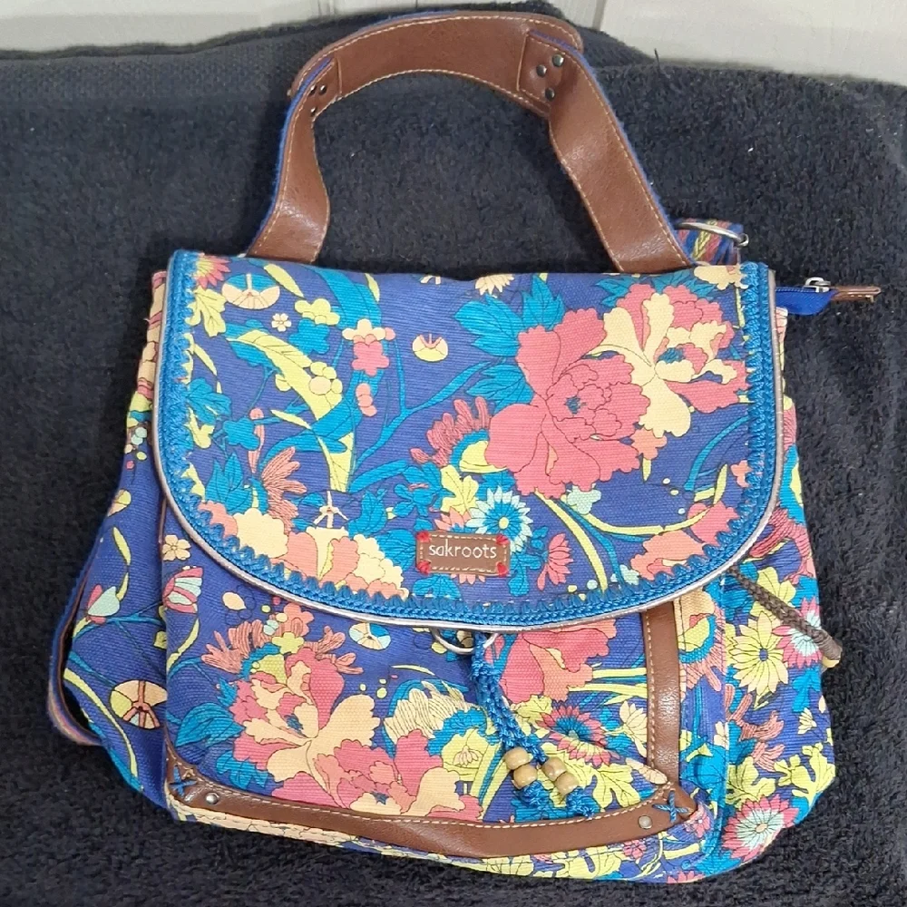Sakroots Canvas Faux Leather Backpack Messenger Bag - Floral Blue Mulrixolor